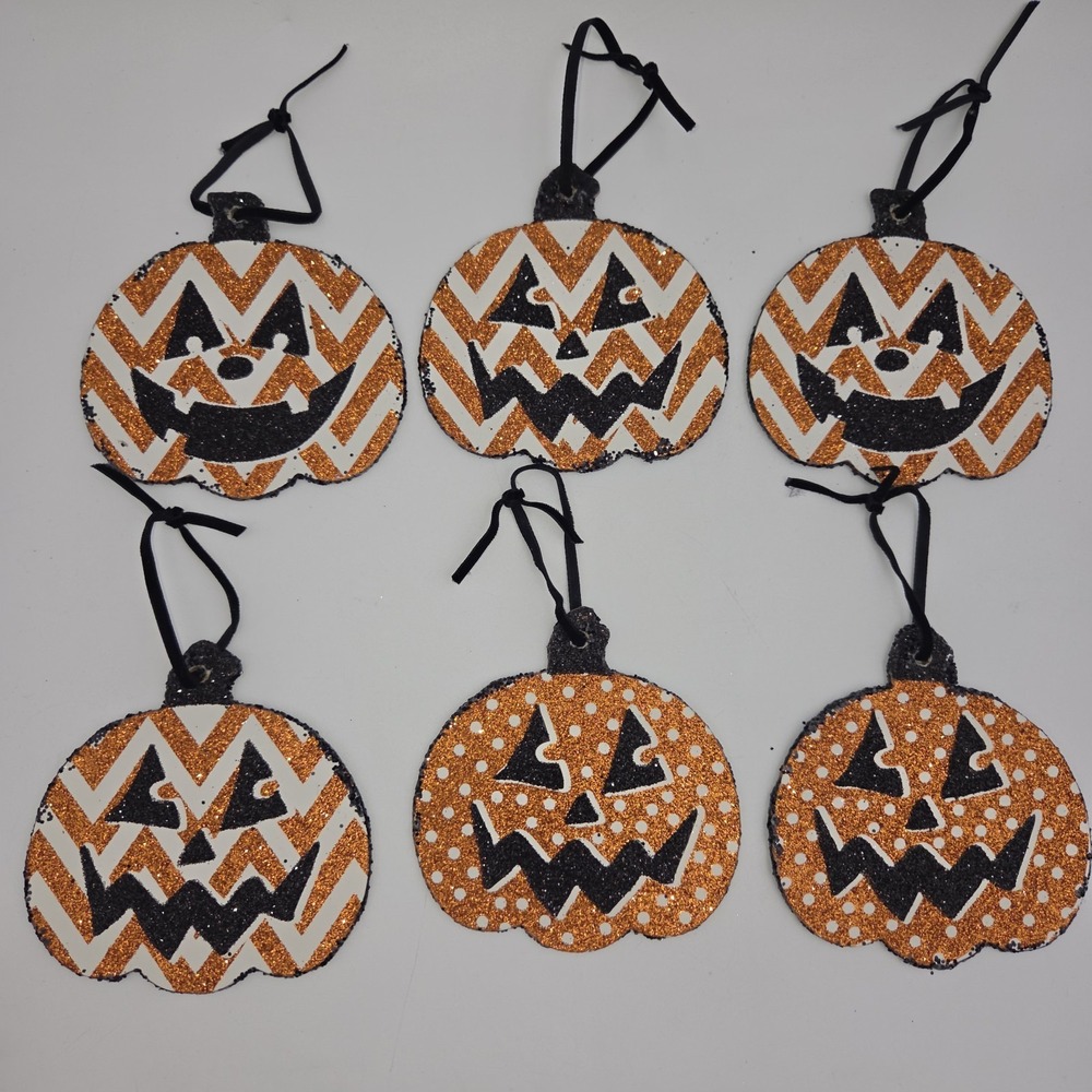 Vintage Lots of 6 Pumpkins Hanging Decor Wood Glitter